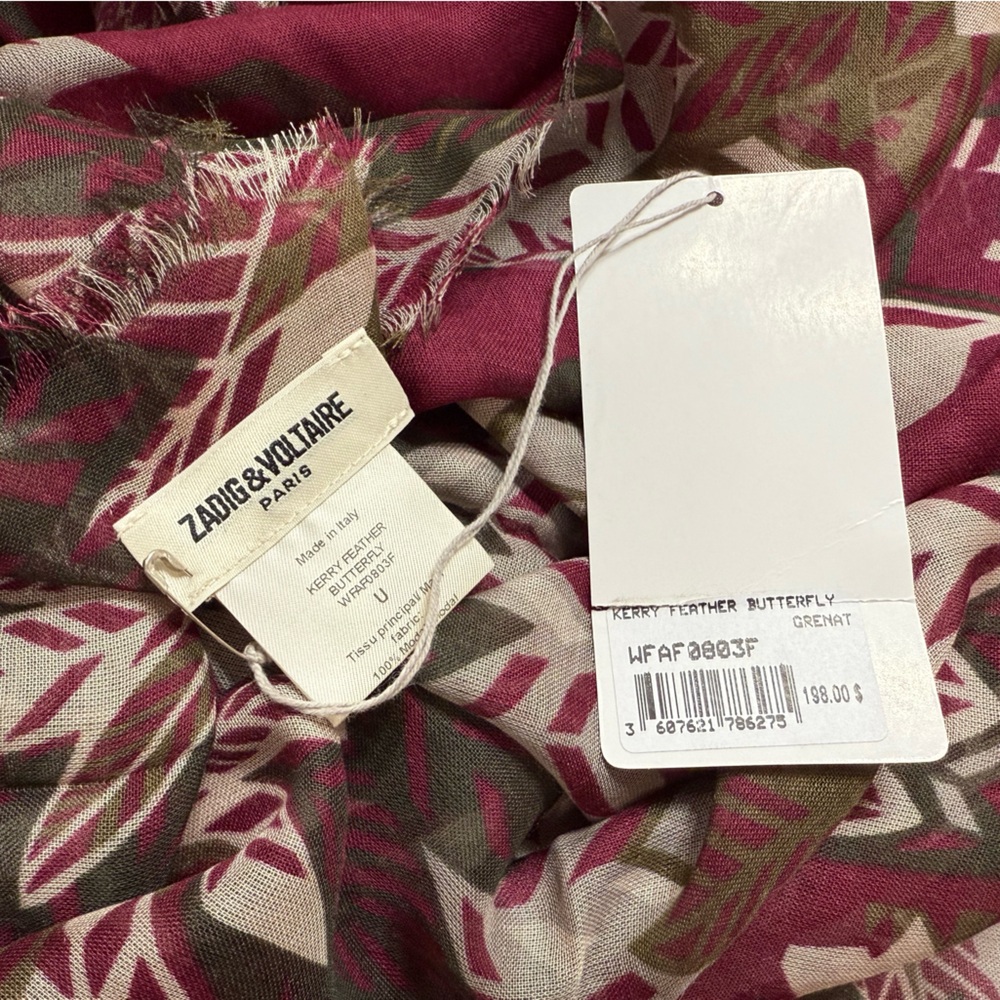 Zadig & Voltaire Burgundy and Gray Leaf Pattern Scarf